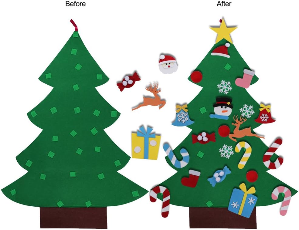 Aytai felt tree and detachable Christmas shapes shown before and after arranging