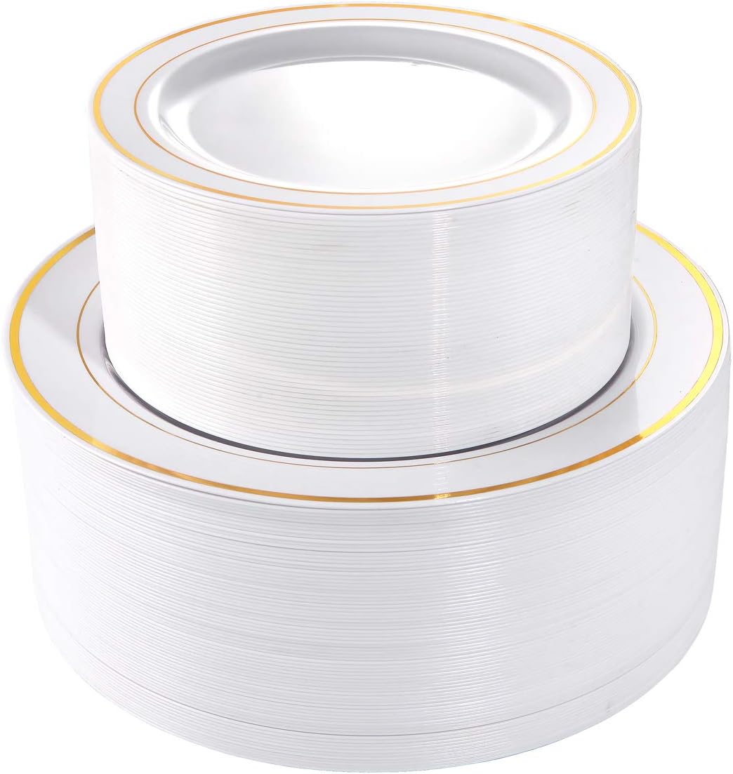 I00000 gold-rim dinner and dessert plastic plate stacks