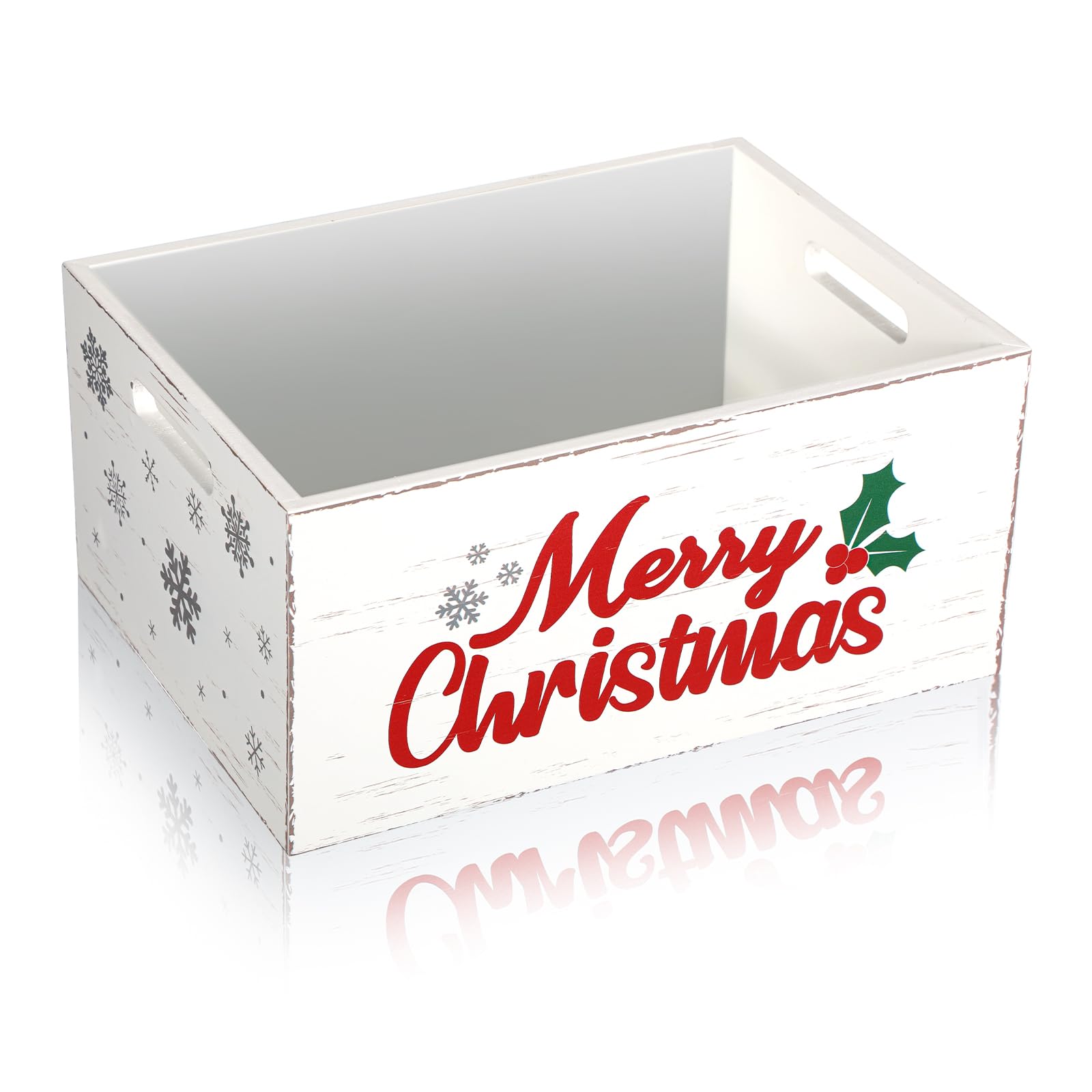 Empty Namalu white wooden crate with Merry Christmas lettering and snowflake sides