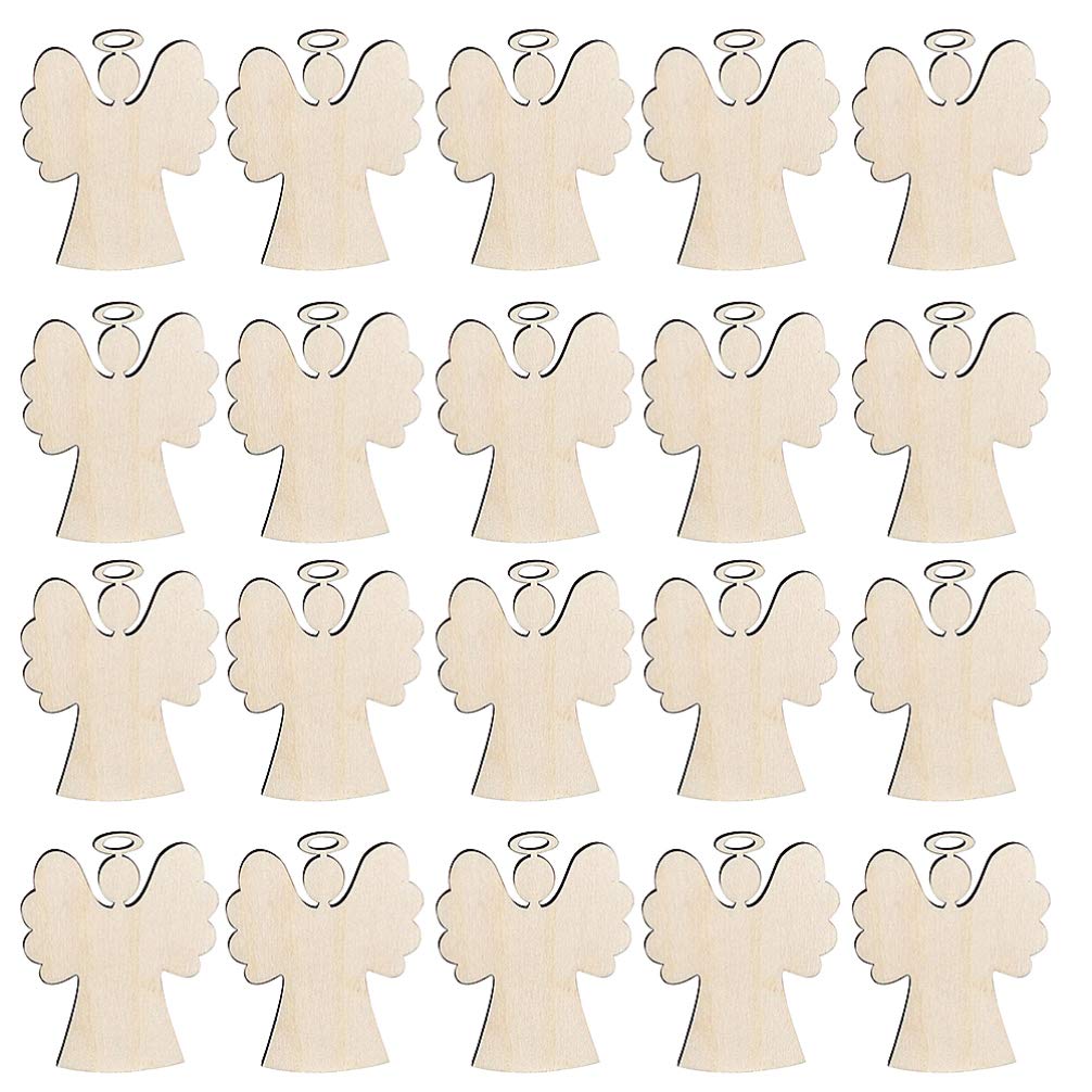 Twenty matching Amosfun plain wooden angel blanks arranged in rows