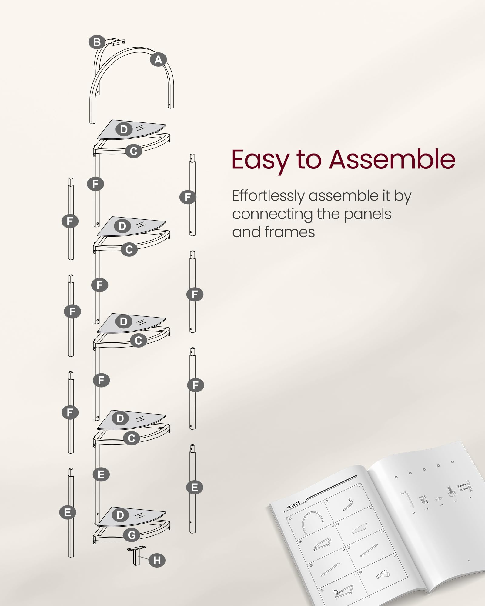 VASAGLE assembly-parts illustration showing the actual shelf components