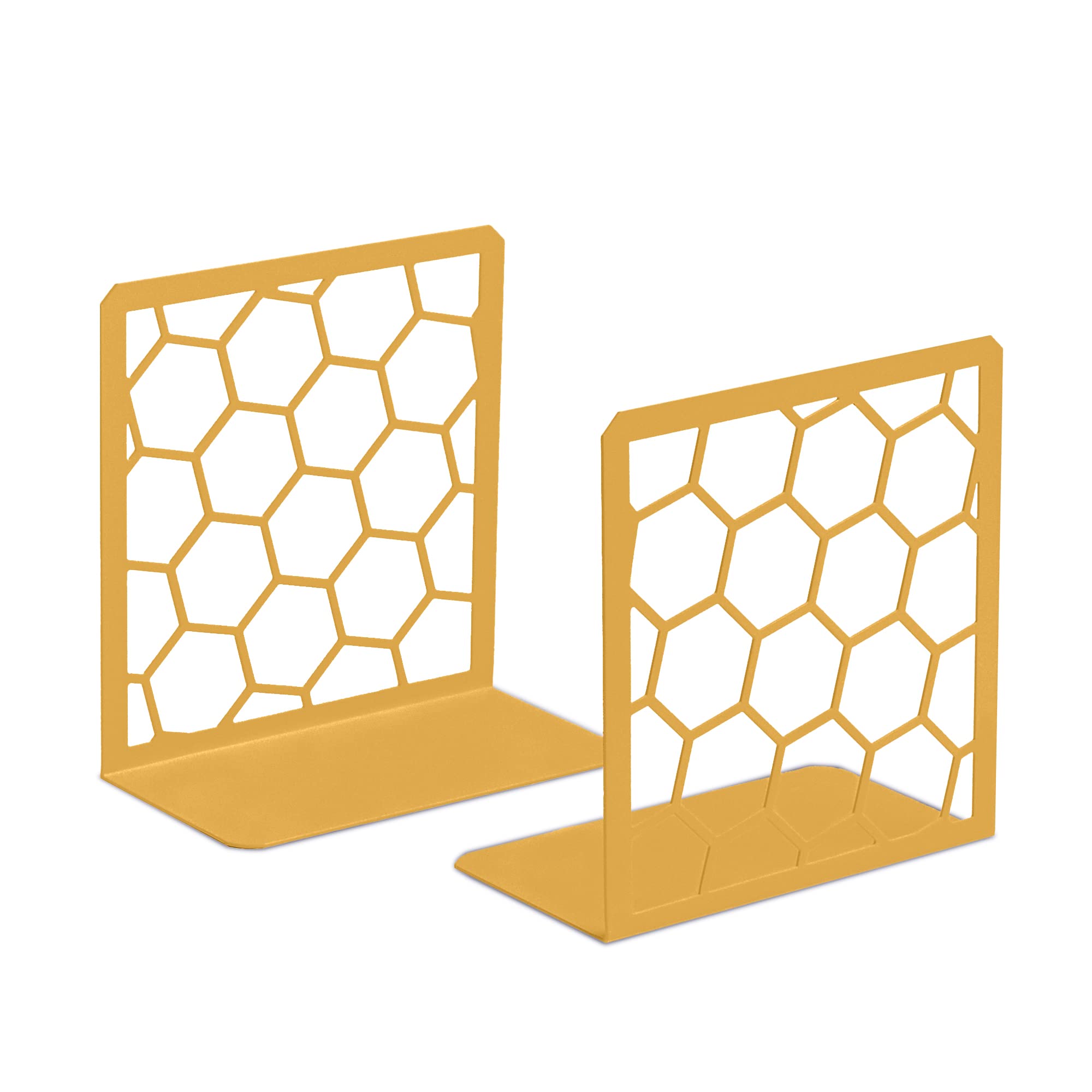 The pair of gold GEOMOD honeycomb bookends with their L-shaped bases visible