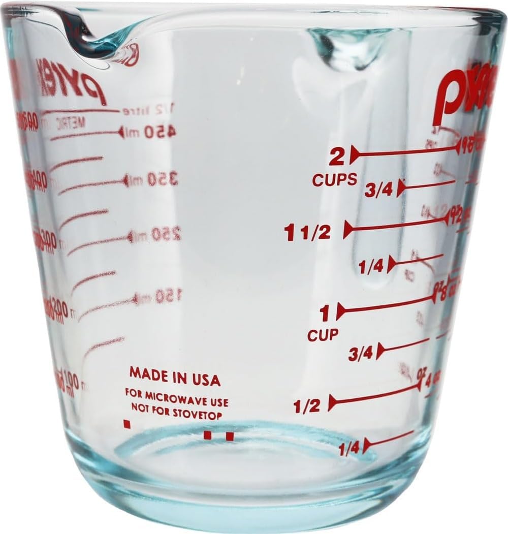 Pyrex two-cup glass measuring cup with red markings