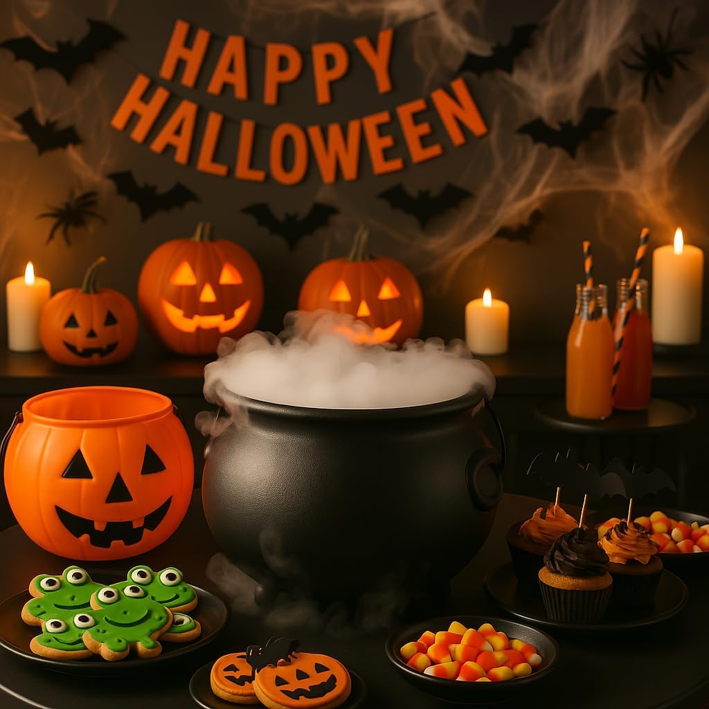Black cauldron in a mist-themed Halloween scene