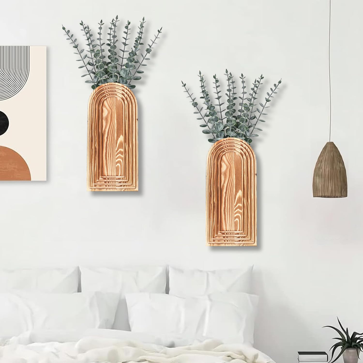 Brown wall pockets shown above a supplier bedroom setting