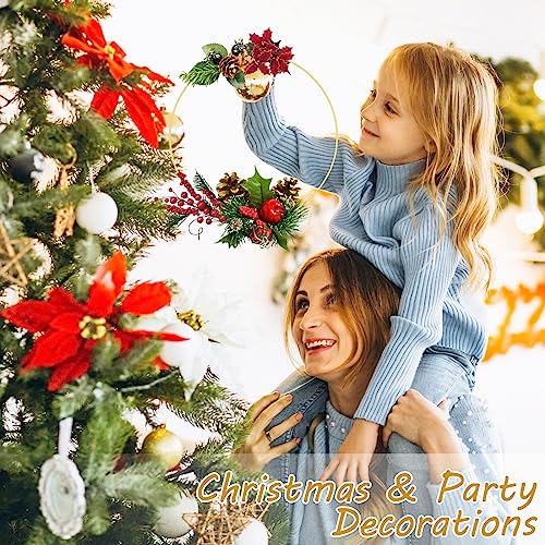 A family adding floral hoop decorations to a Christmas display