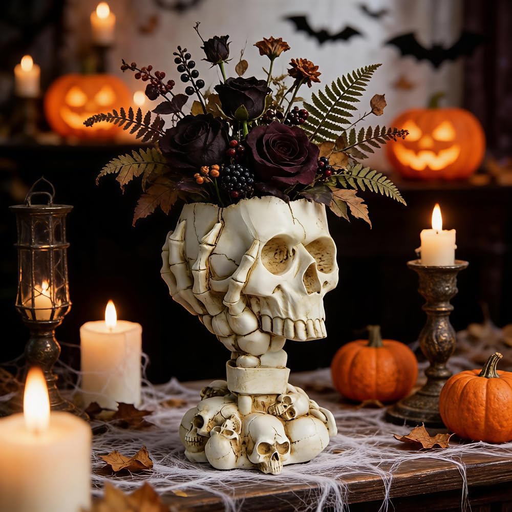 Skull planter in a listing seasonal floral arrangement
