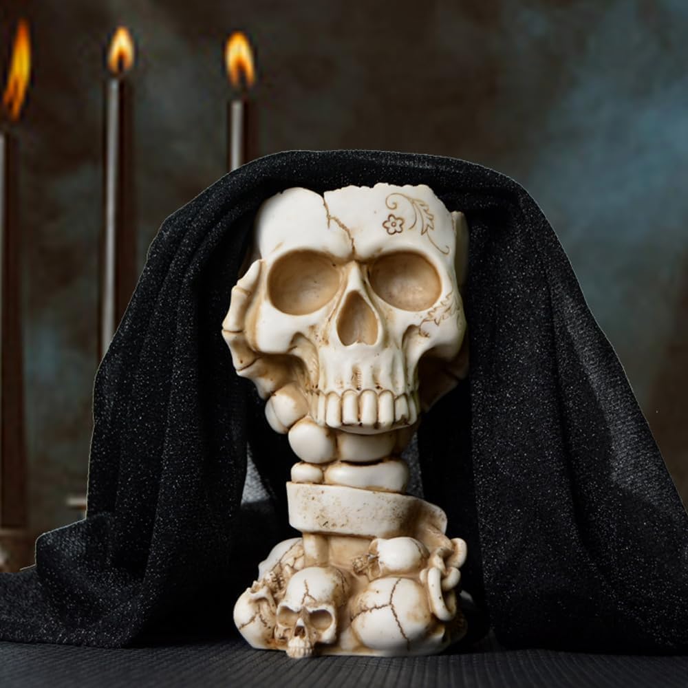 White skull planter with dark fabric styling