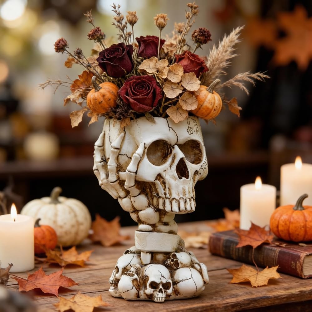 Listing skull-planter scene with dried flowers and candles