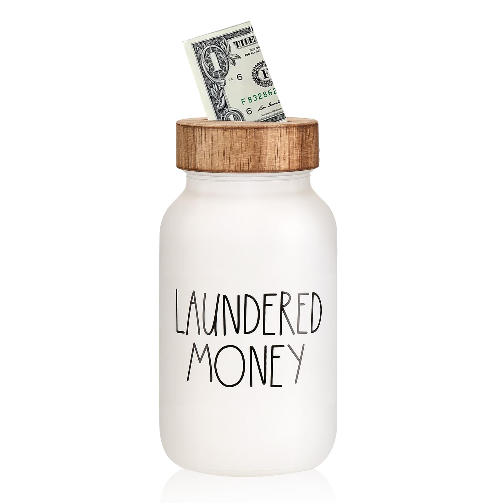 Onzbala white Laundered Money jar with wooden slot lid and separate dollar bill