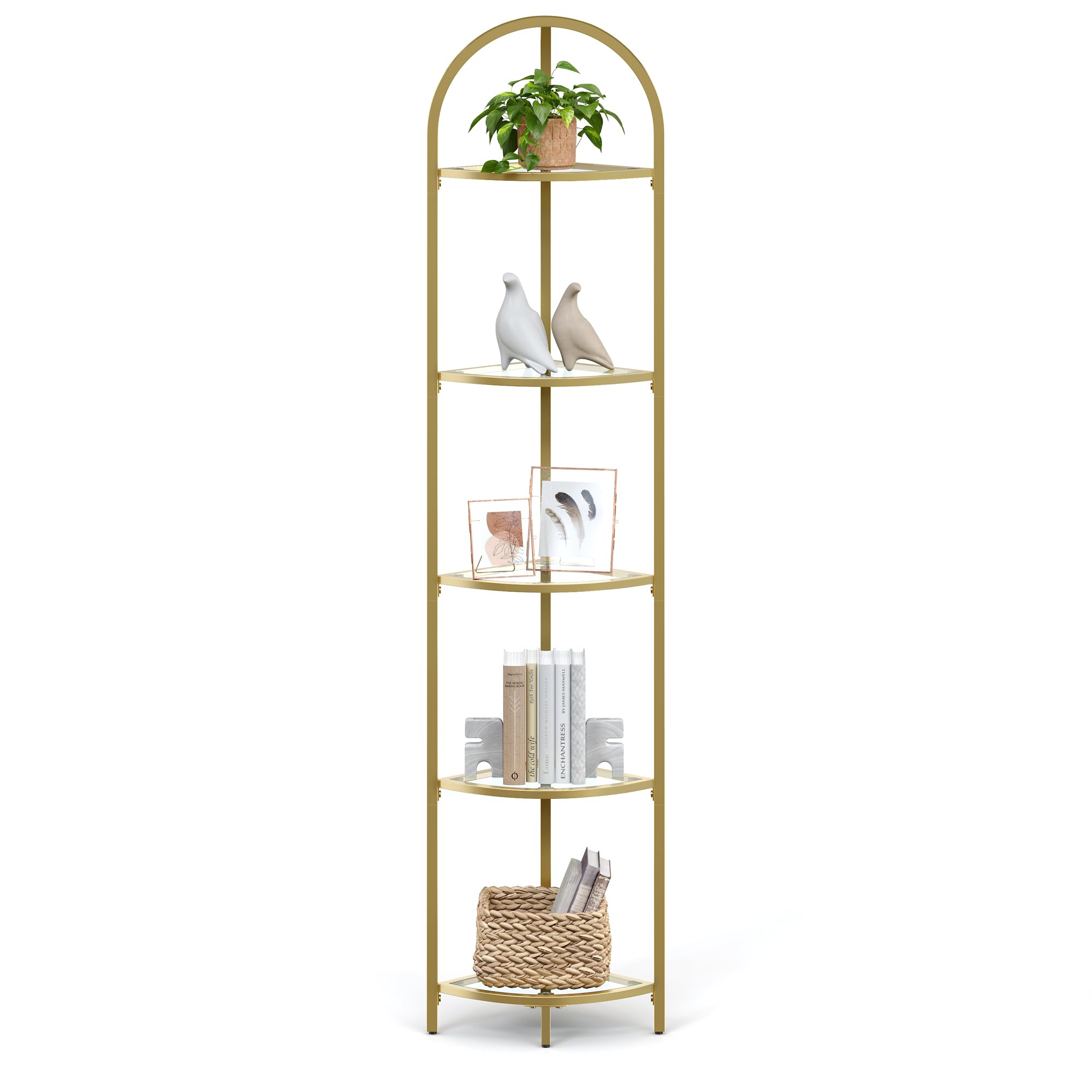 VASAGLE gold five-tier glass corner shelf with separate display objects