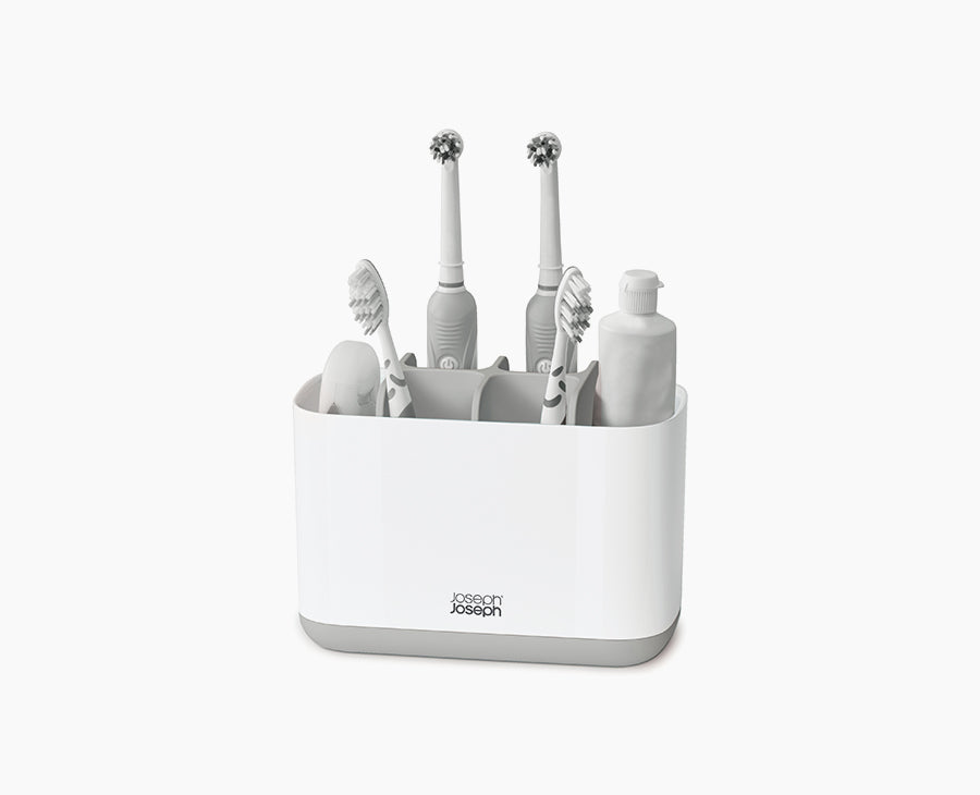 Joseph Joseph 70510 large light-gray toothbrush caddy with oral-care items