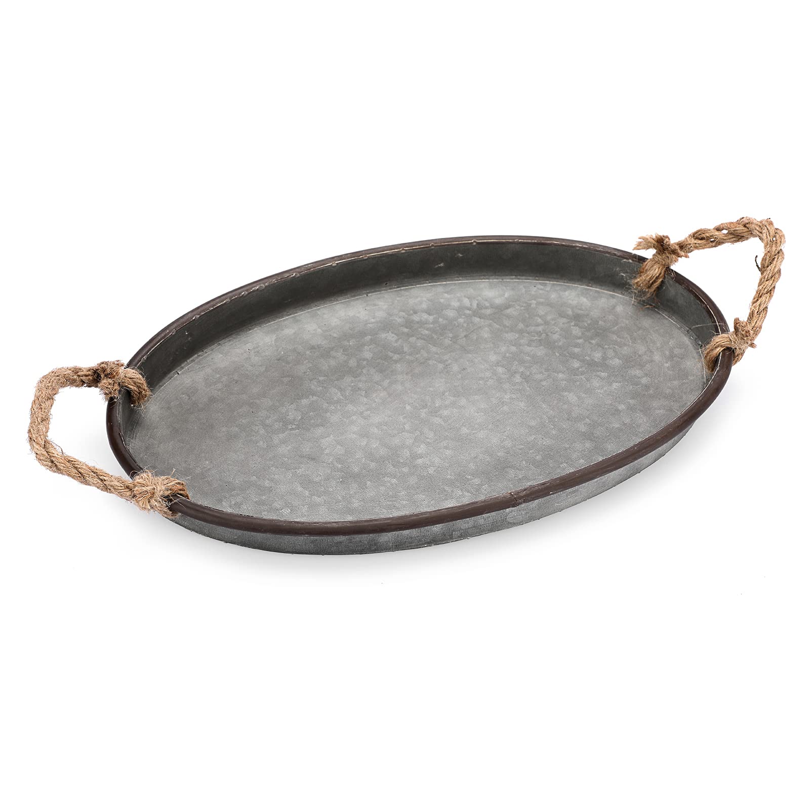 Empty Hipiwe large oval gray metal tray with rope handles