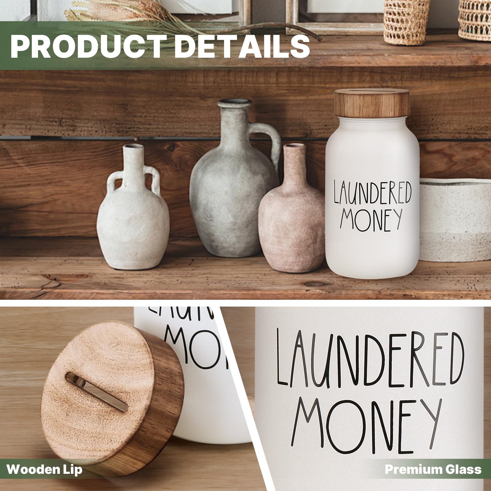 Onzbala coin jar with a close view of the removable wooden lid and coin slot