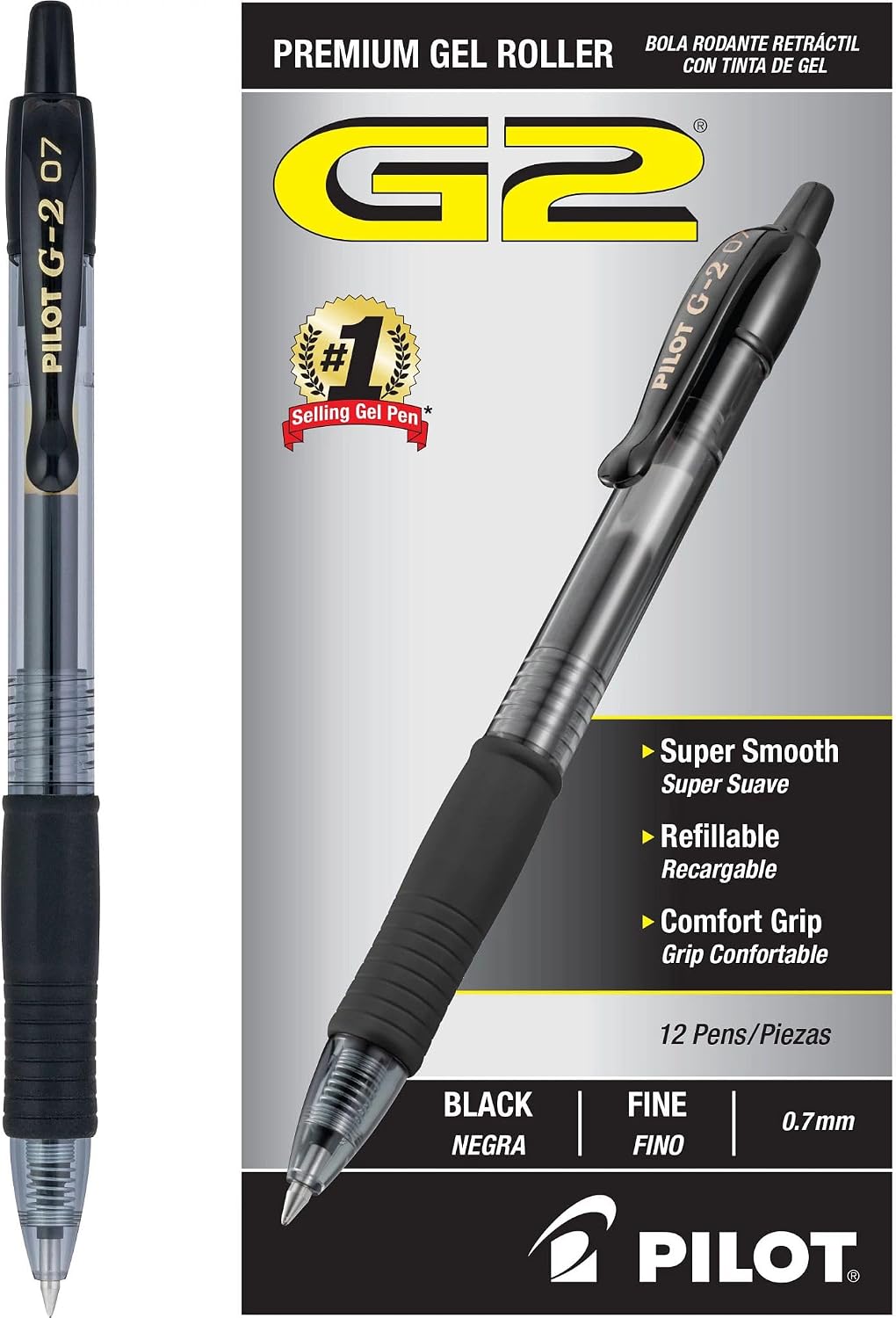Pilot G2 black 0.7 mm pens with the selected twelve-count product packaging