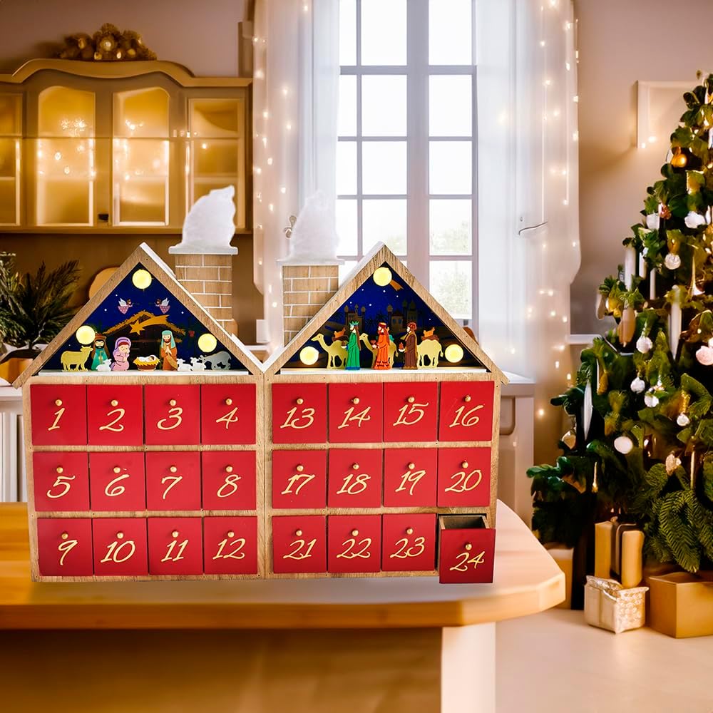 Nativity Advent calendar in a supplier holiday-room scene
