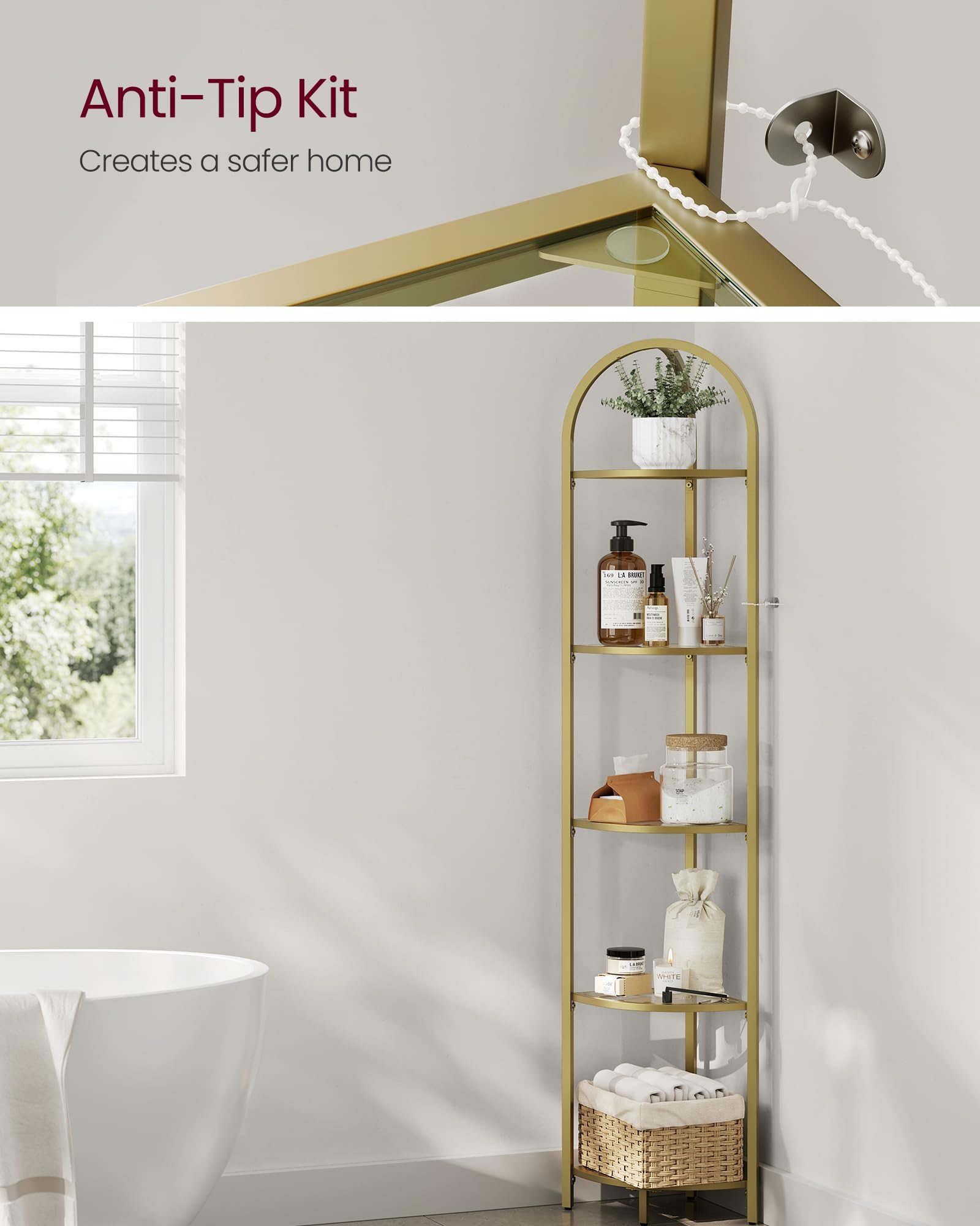 VASAGLE anti-tip fixing illustration and bathroom styling example
