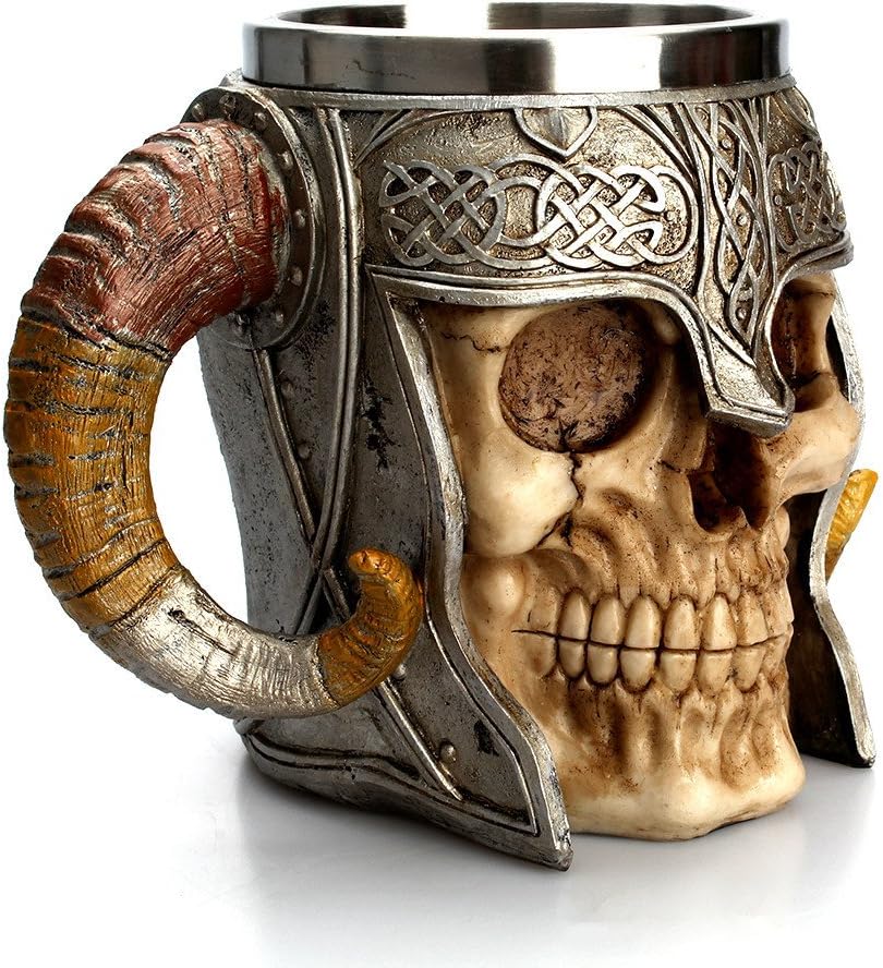 Three-quarter view of the GuoShuang horned skull mug