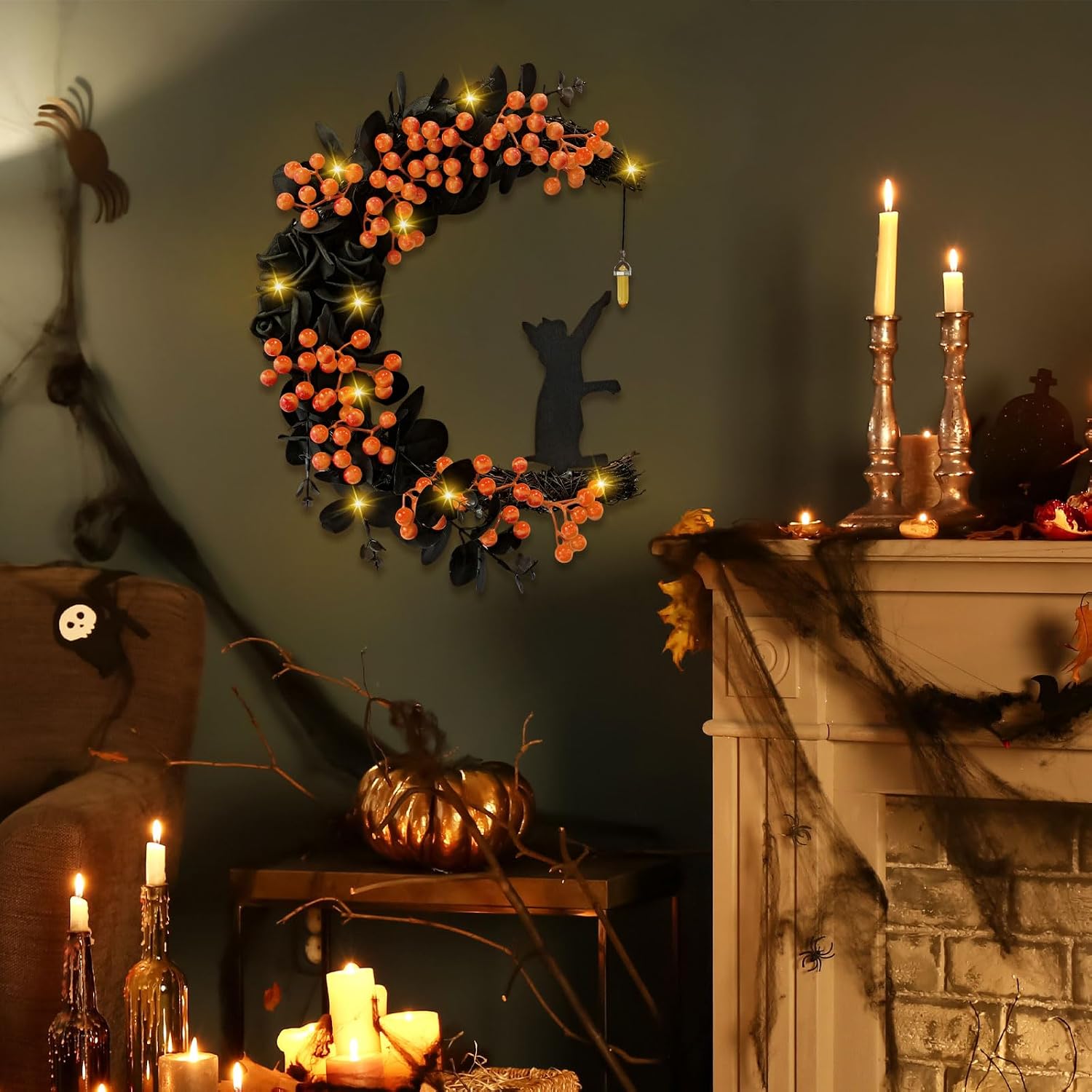 Wreath and glowing pendant in a dark styling illustration