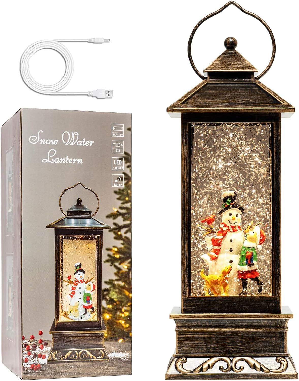 EIGHTOWN snowman-and-kid glitter lantern with box and USB cord