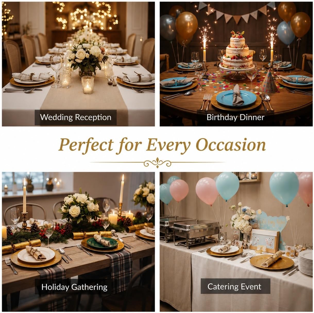 Supplier event styling scenes with gold paper chargers