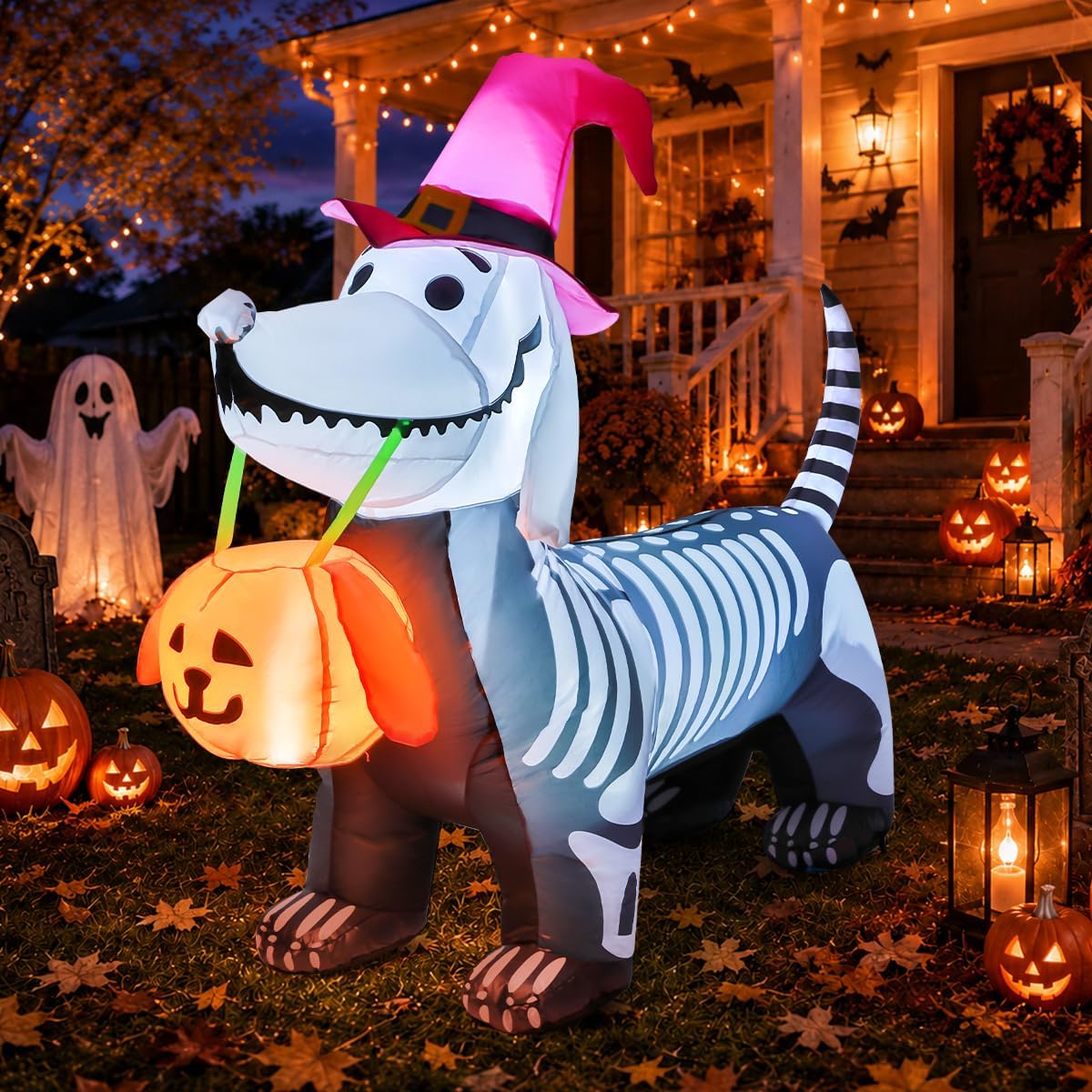 GOOSH skeleton puppy with witch hat and pumpkin bucket