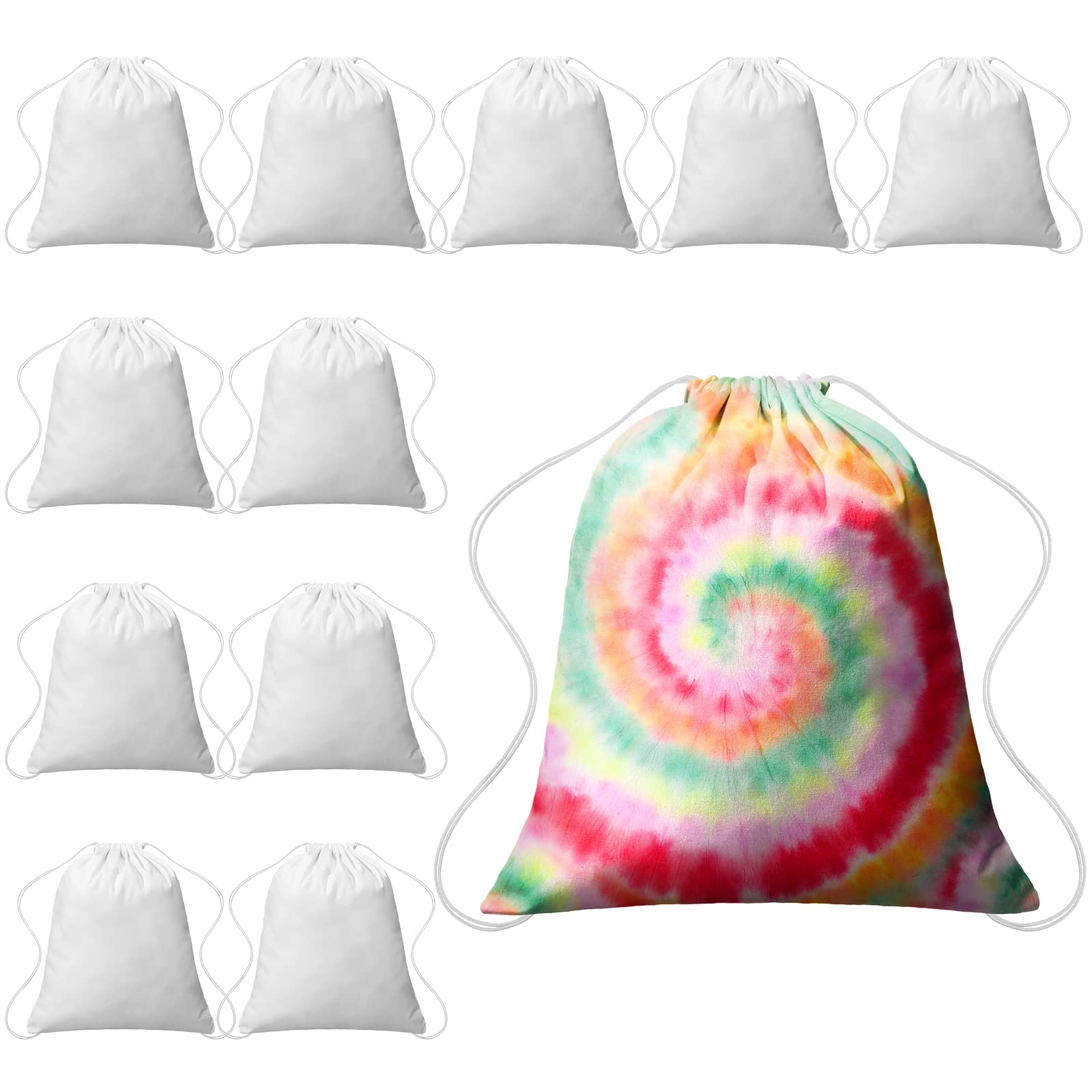 Twelve white Saintrygo bag blanks beside a separately decorated tie-dye example