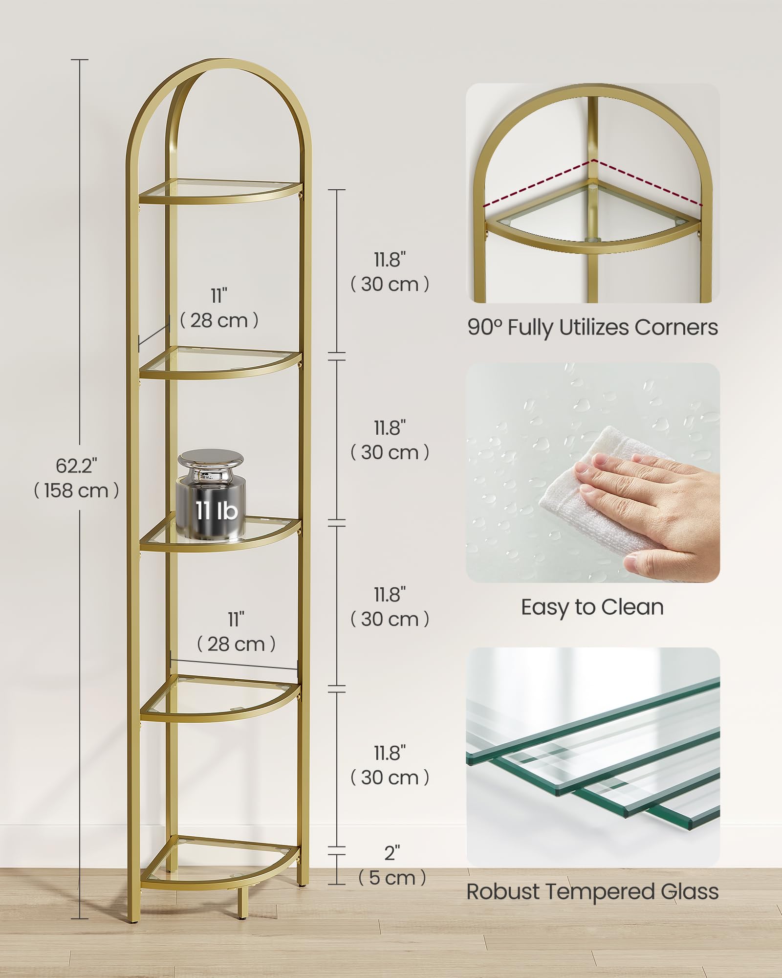 VASAGLE supplier dimensions and curved glass-platform details