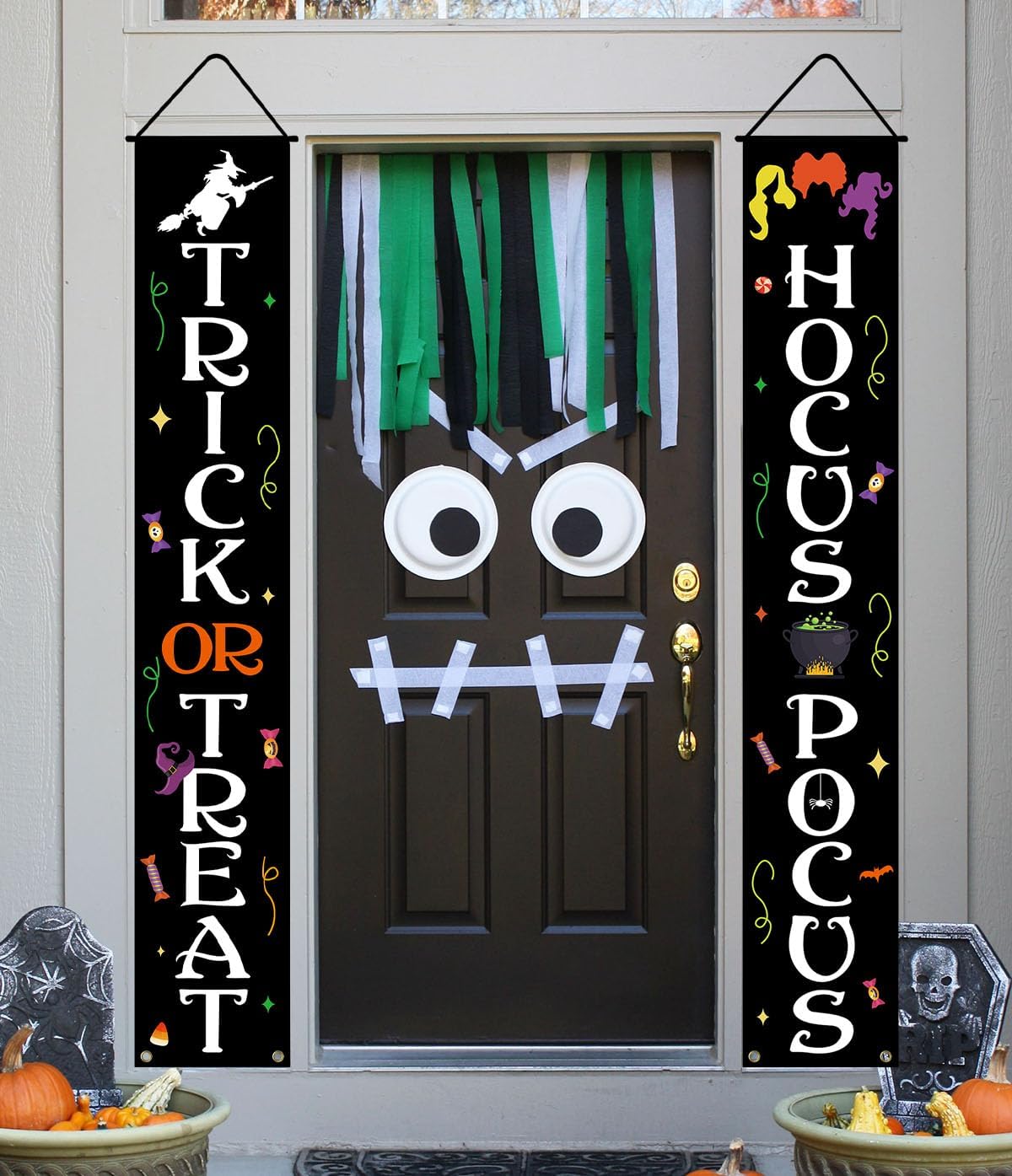 Halloween banners in a listing porch scene