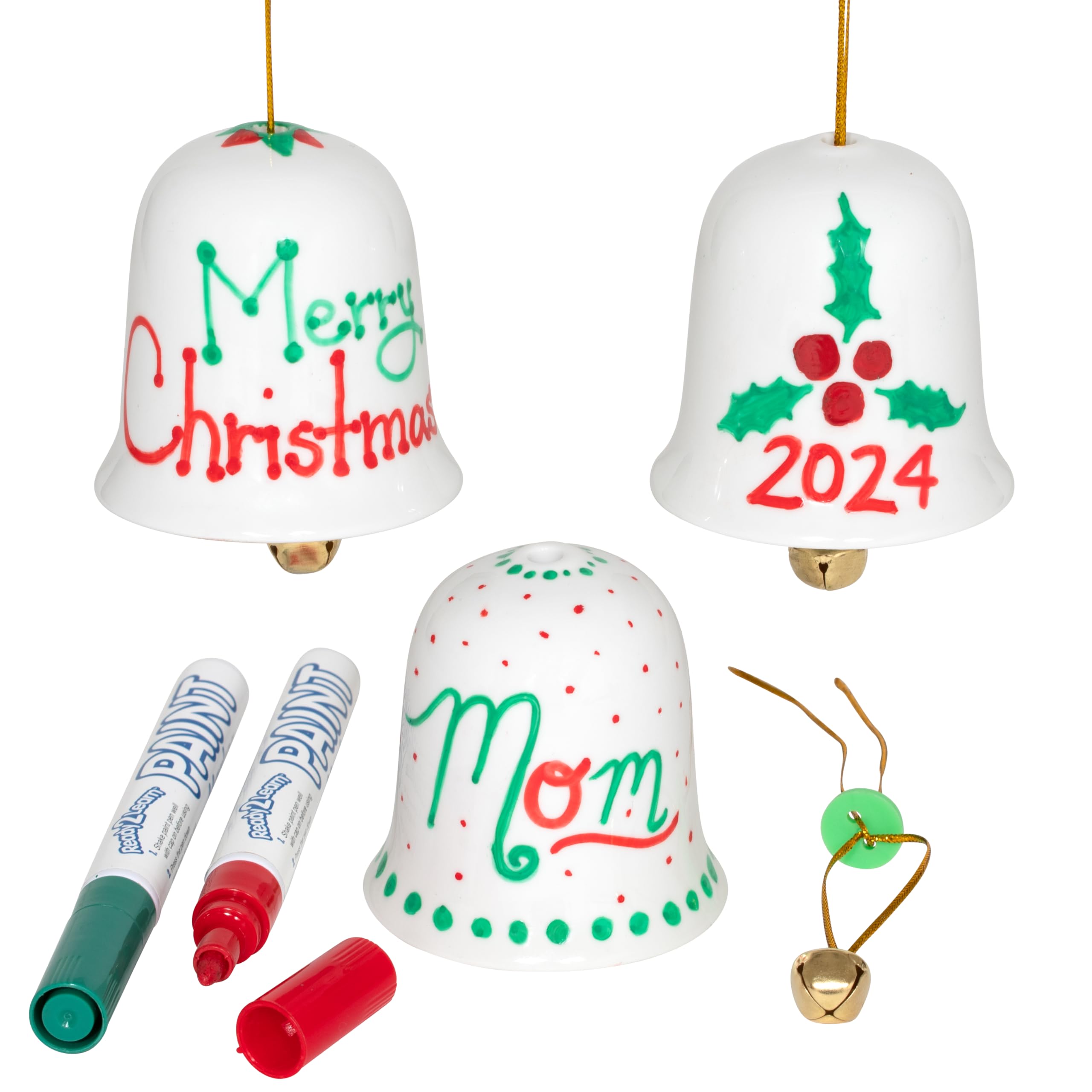Three hand-decorated porcelain bells, including an illustrative 2024 handwritten design