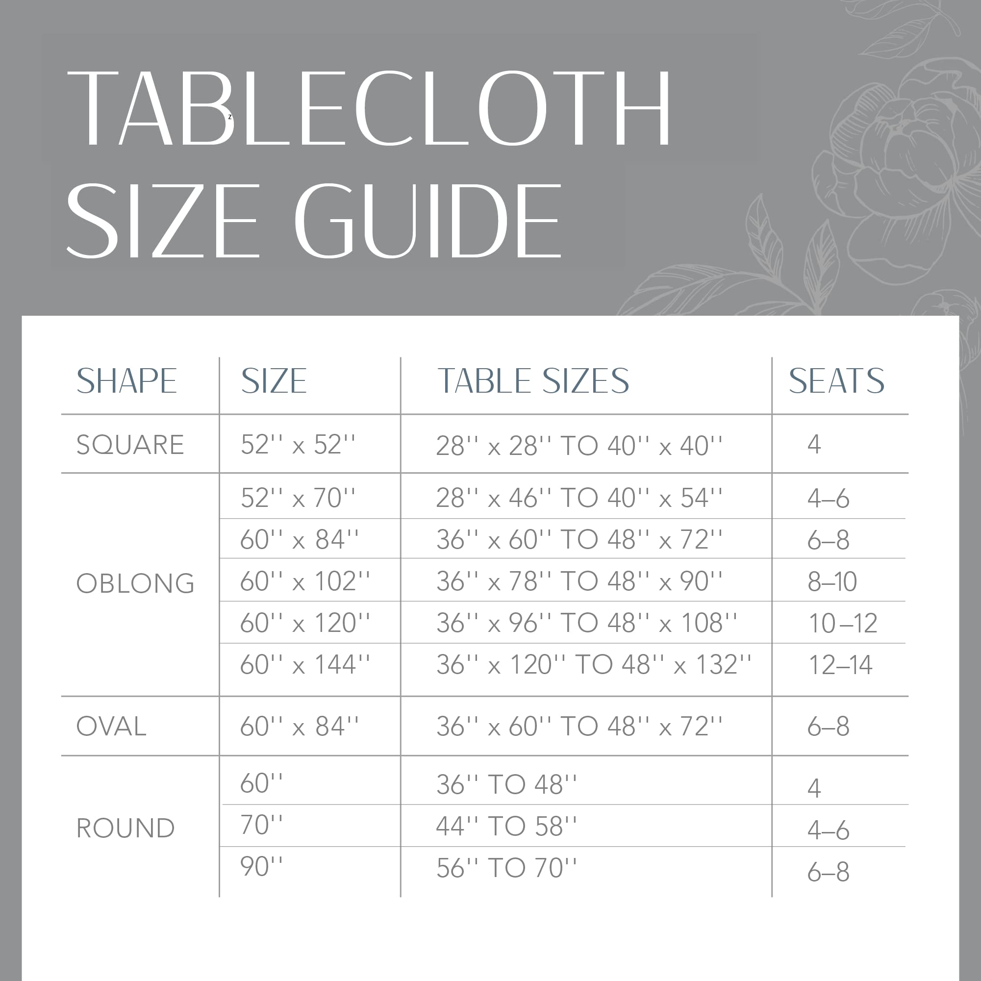 Supplier size chart for several tablecloth and table sizes