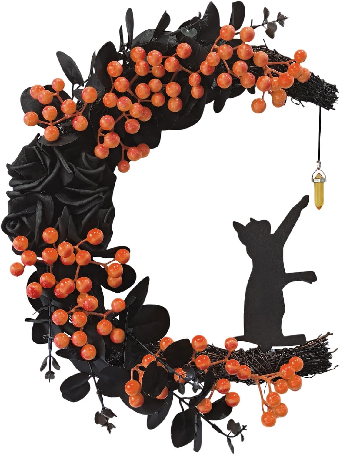 Tirdkid half-moon wreath with reaching black cat