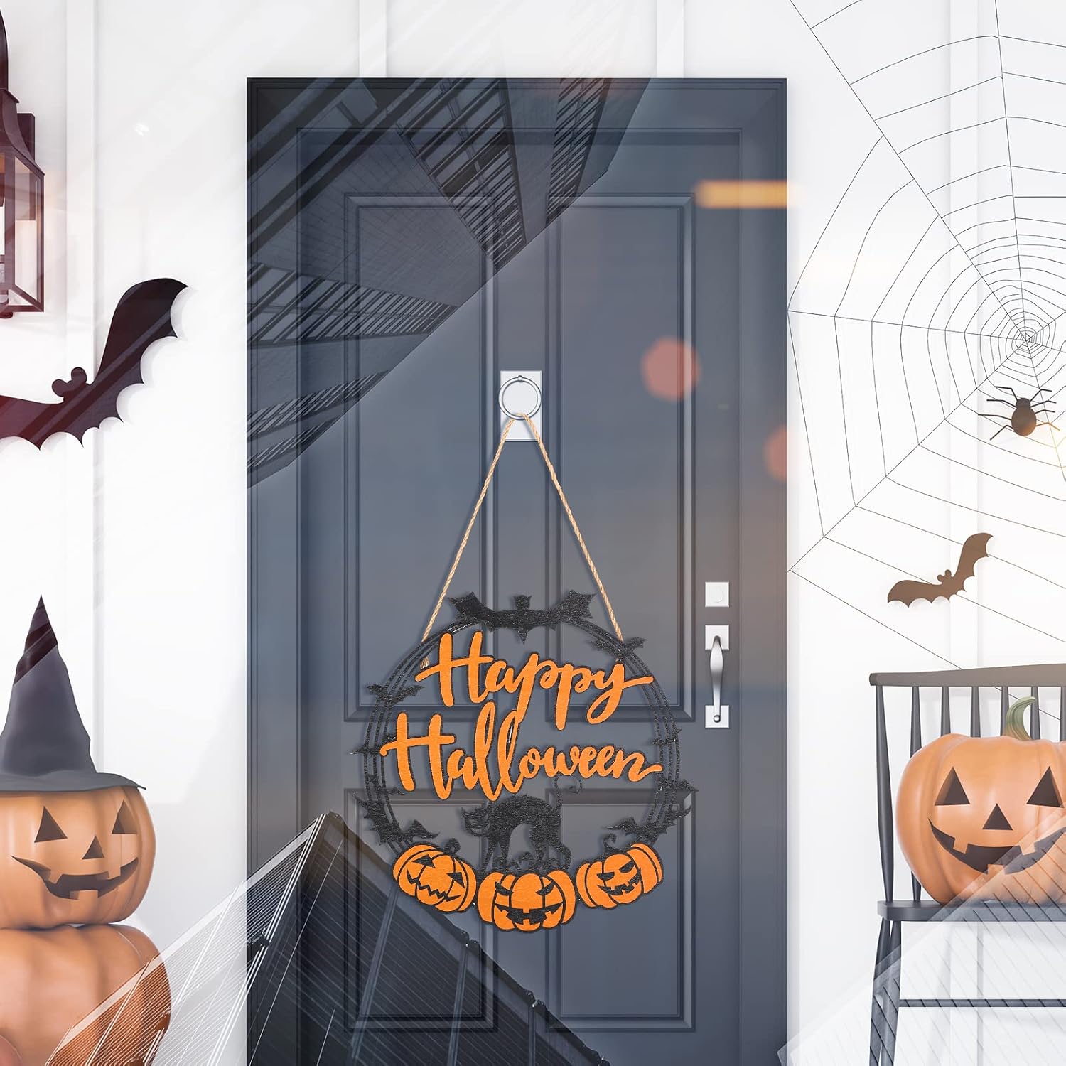 Orange-lettered sign on a dark front door
