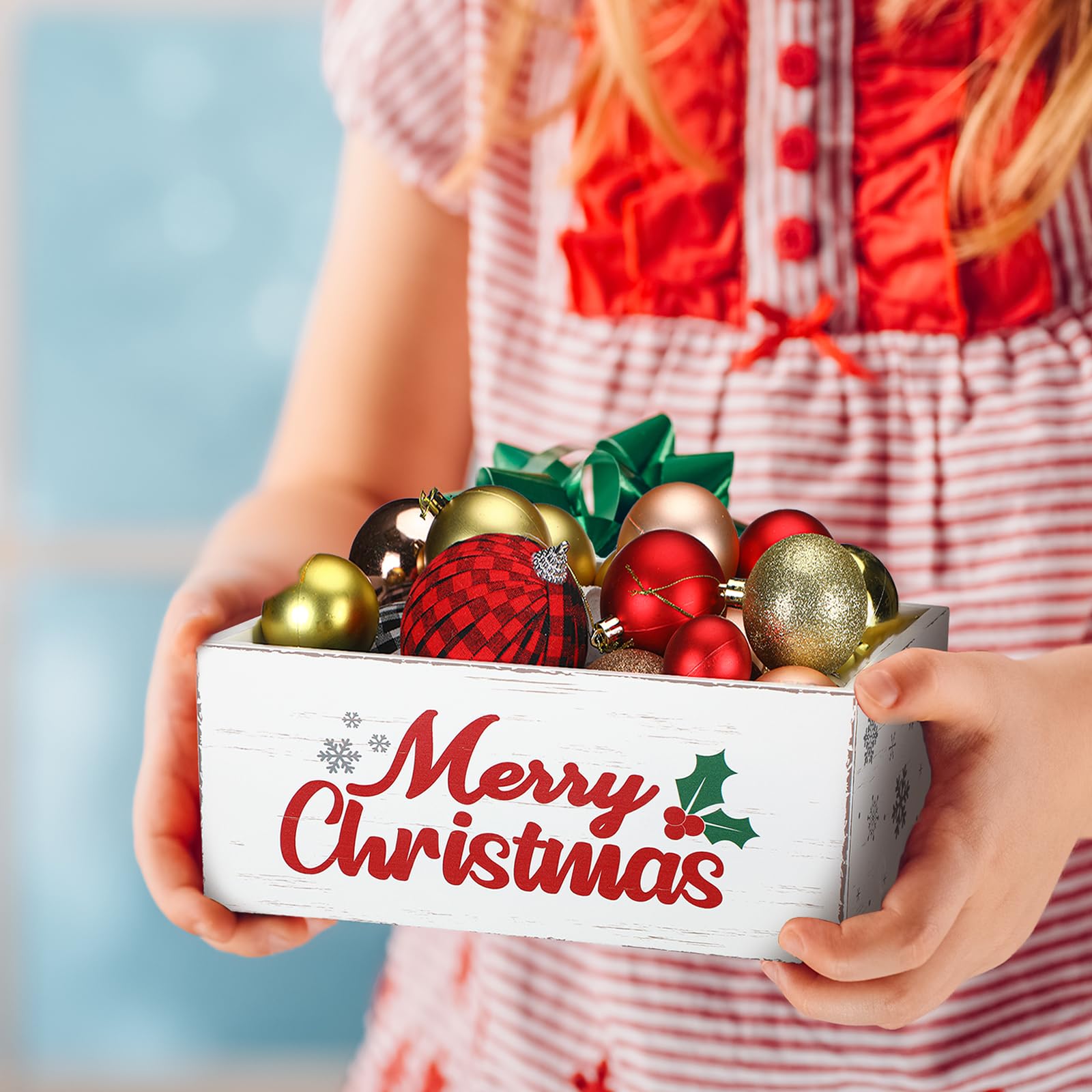 Namalu Christmas crate shown holding loose ornaments, which are styling props