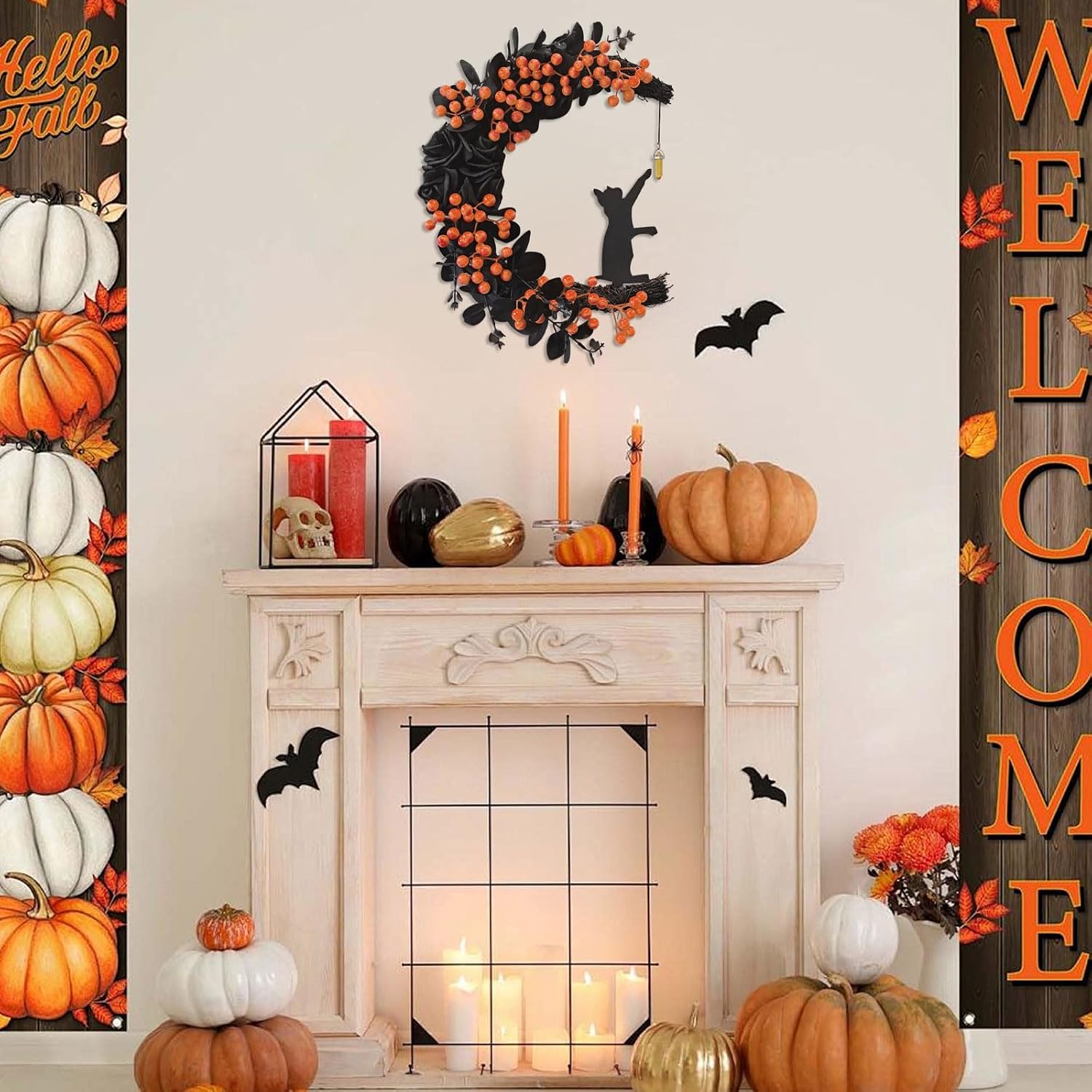 Cat moon wreath above a styled fireplace