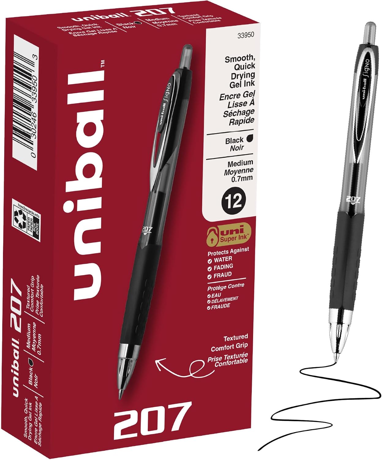 Standard uni-ball 207 black 0.7 mm pen beside twelve-count product packaging