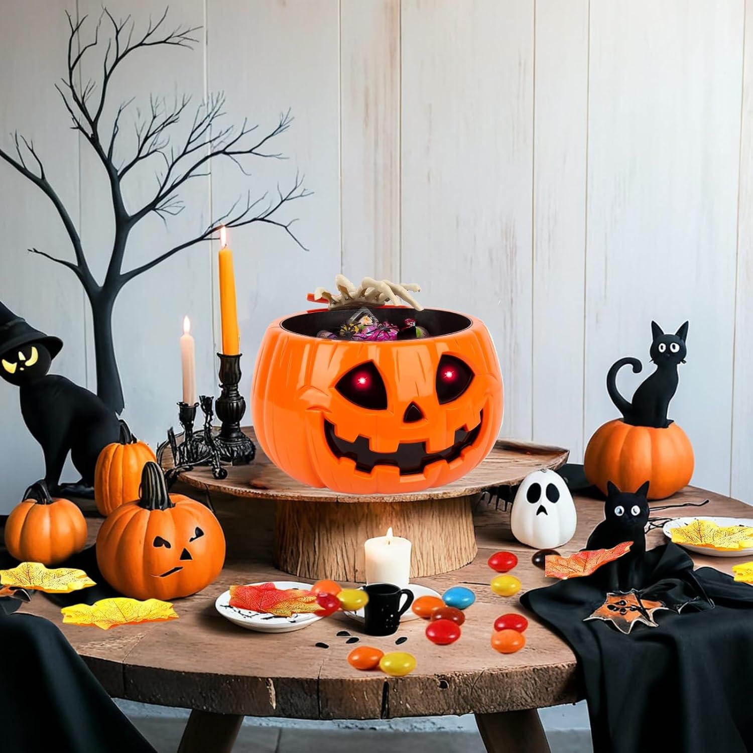 Animated candy bowl in a styled Halloween room