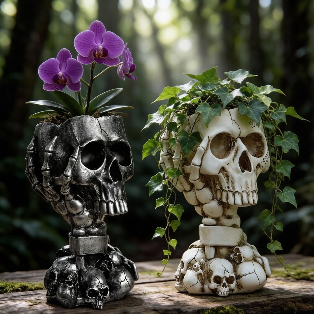 Listing comparison of white and black skull-planter variations