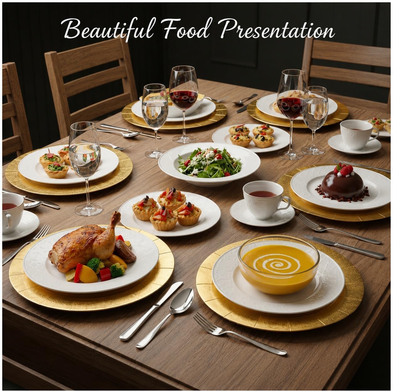 Gold chargers beneath separate food-serving plates