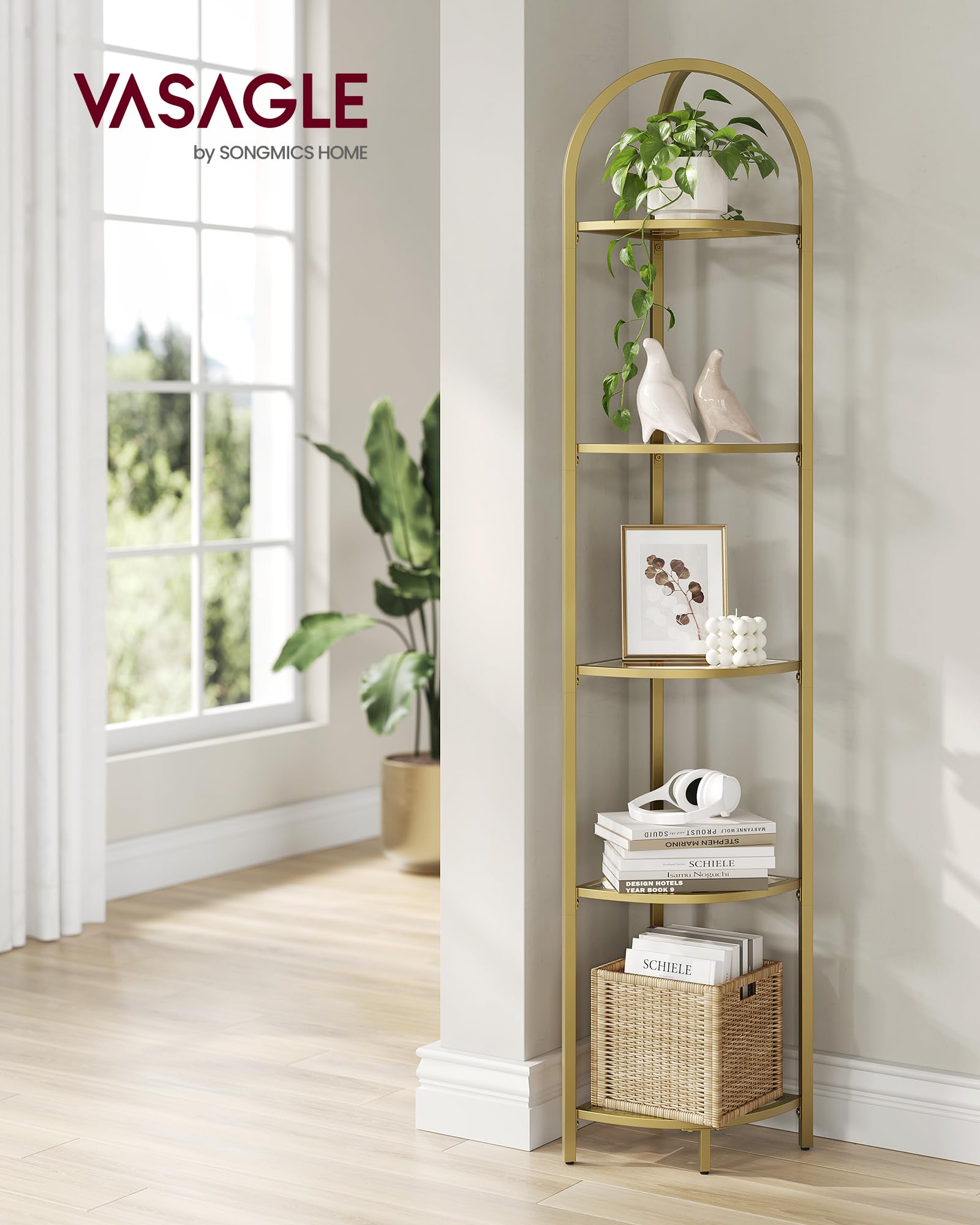 VASAGLE corner shelf beside a doorway with separate decor