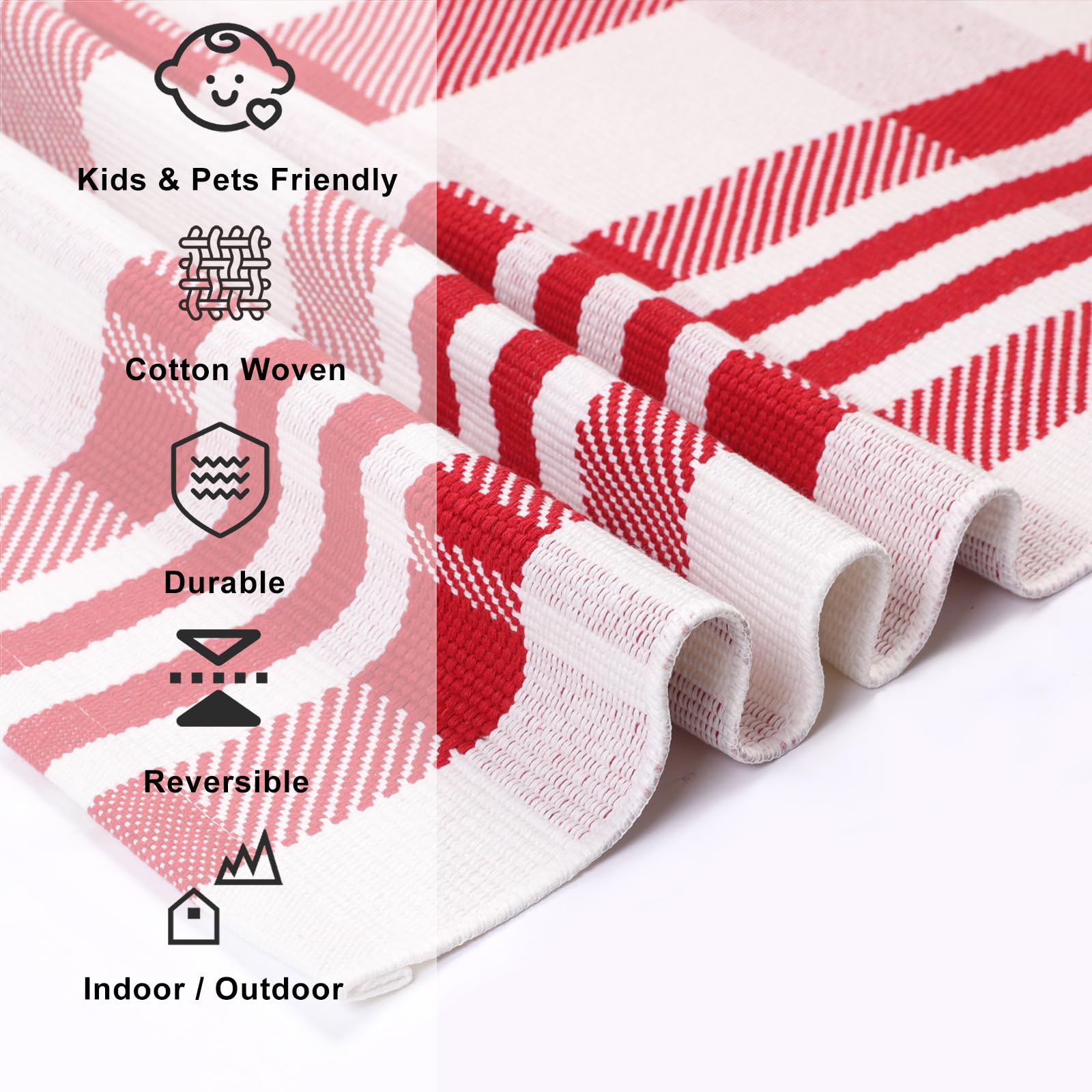 Folded Fallovea plaid rug weave in a promotional feature graphic; fiber content is a blend
