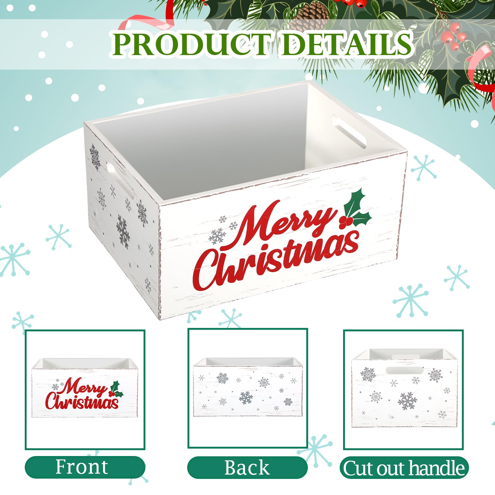 Namalu Merry Christmas crate with front, back, and cutout-handle details