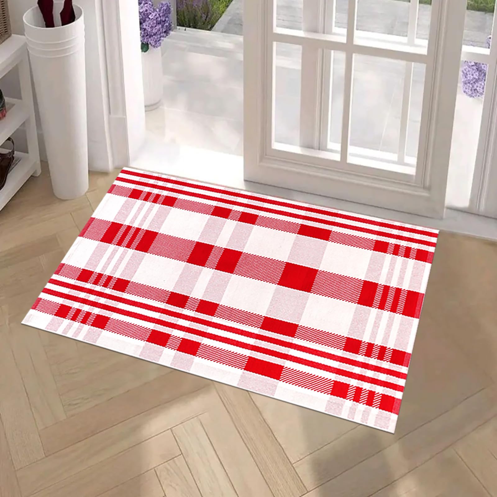 Unlayered red-and-white plaid rug beside a doorway