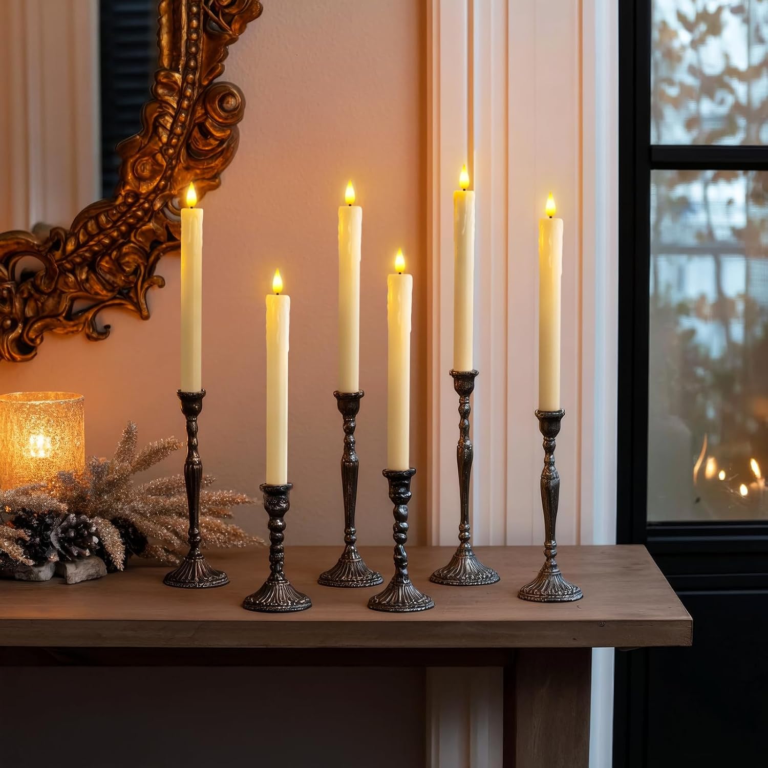 Homemory ivory tapers in separate window-side holders