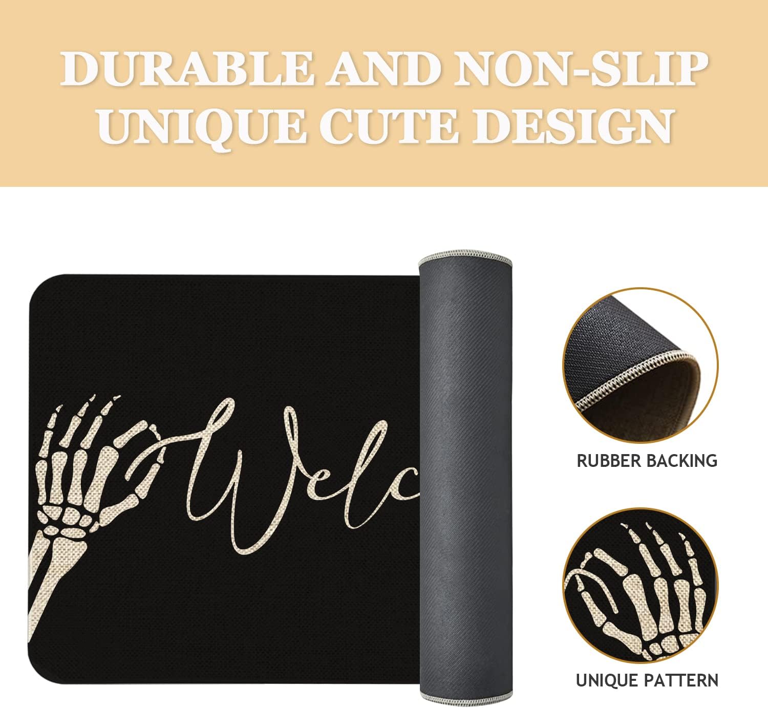 Skeleton-hand mat in a listing entryway scene