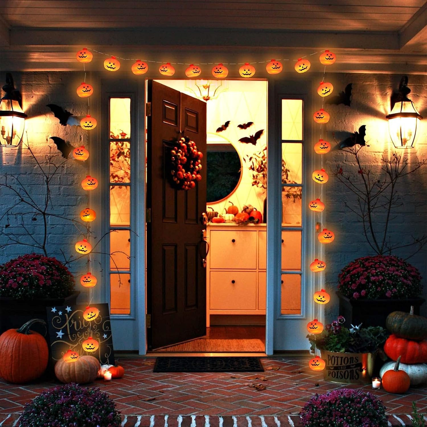 Runleo lights around a styled porch entrance