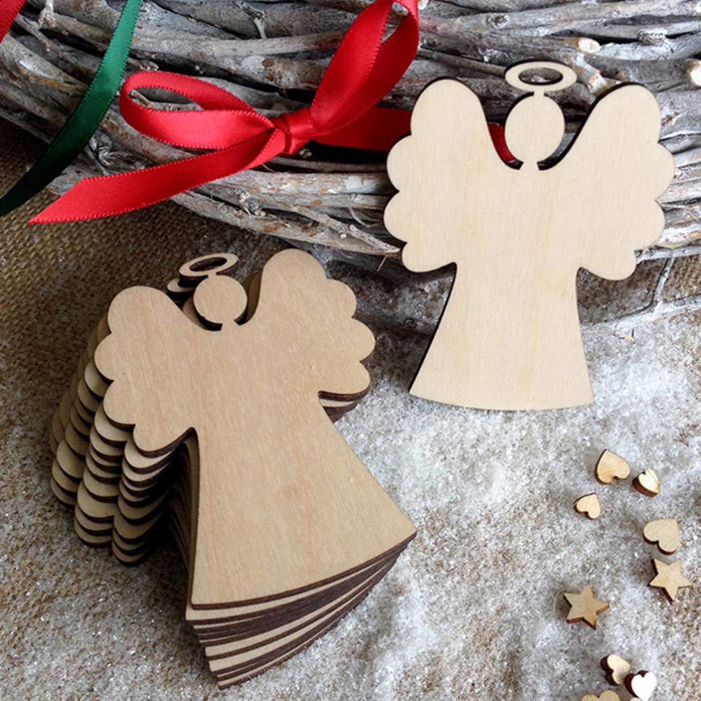 Amosfun wooden angels beside separate red ribbon and small stars