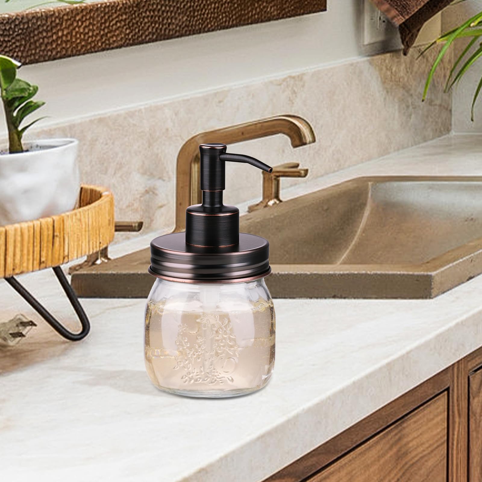 Amolliar soap dispenser beside a bathroom faucet in supplier styling