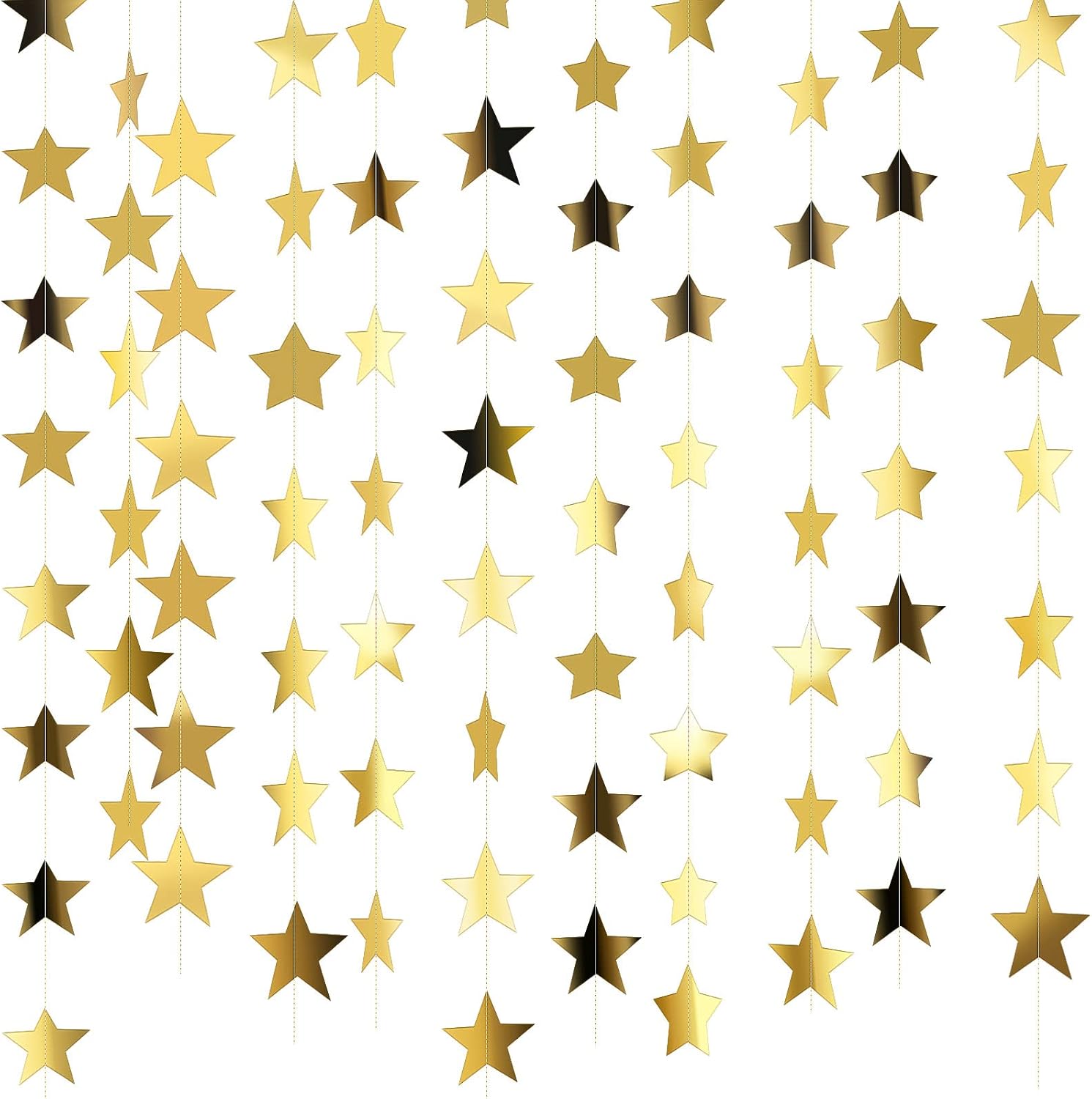 Patelai gold paper star strands displayed vertically