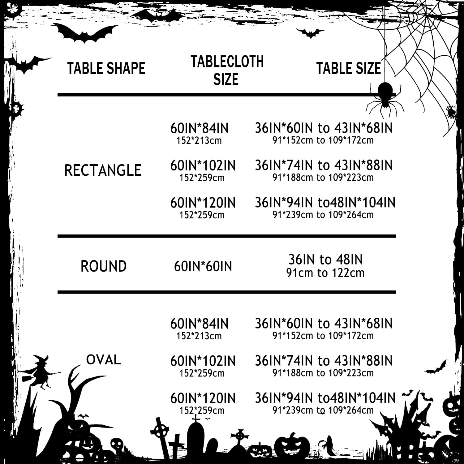 Bnejvif size and table-shape chart